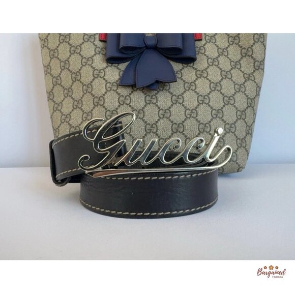 Authentic GUCCI Black Leather Silver Italics Script Logo Buckle Belt 90/36 - Picture 12 of 13